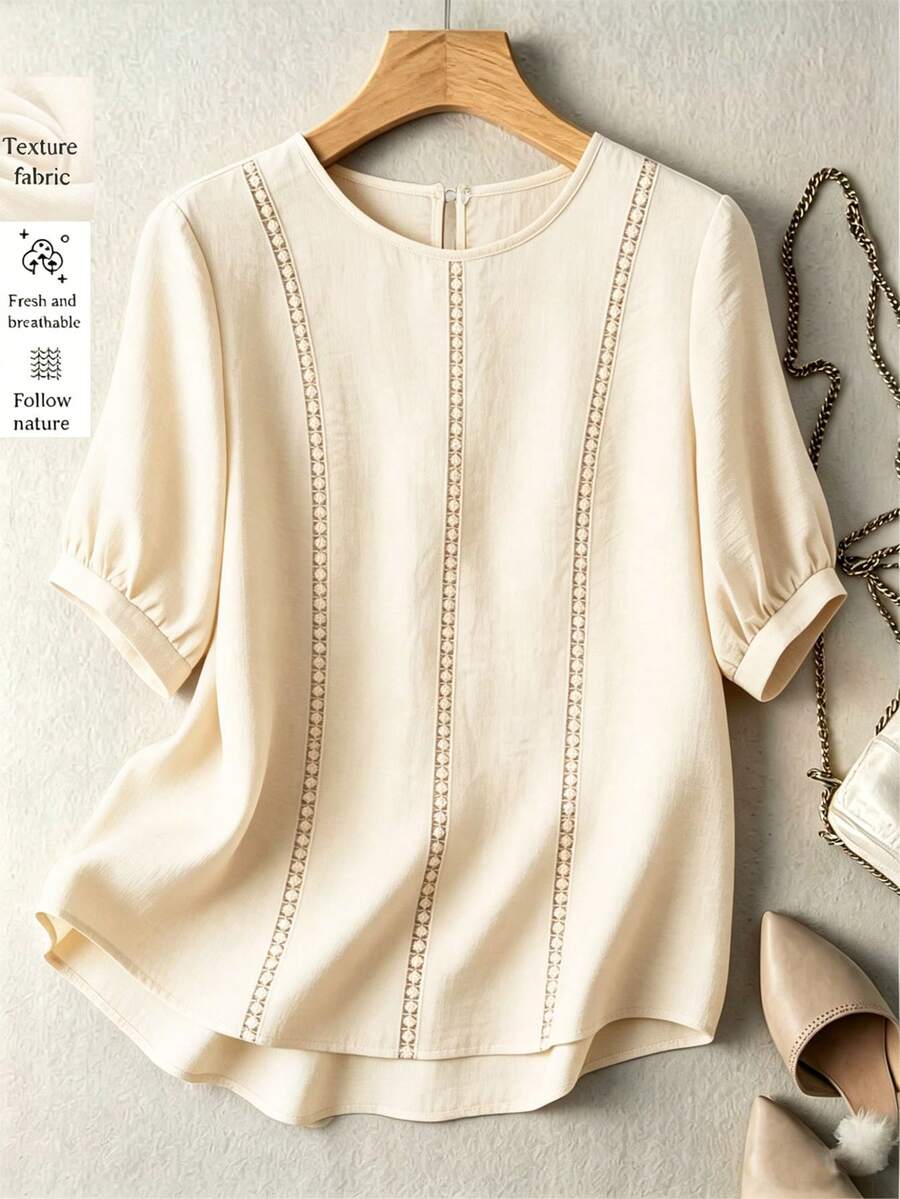 Franclia 2026新款夏季女式衬衫,橙色撞色花瓣袖宽松休闲上衣,蕾丝边饰拼接假日休闲风圆领短袖衬衫 - 杏色 - 查看 1