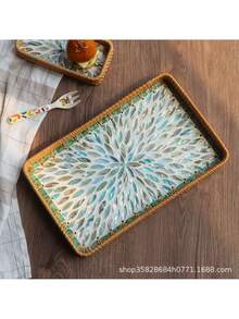 1/2Pcs Blue Leaf Rectangular Shell Inlaid Tray, Creative Handmade Colorful Shell Decorative Tray, Fruit Plate, Jewelry Organizer & Desktop Storage Tray, Perfect For Christmas & Halloween Party Decor And Gift - Baby Blue - View 3