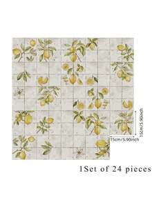 Cirelle 24片葡萄牙蓝色花卉瓷砖图案墙贴，柠檬图案，适用于客厅卧室，尺寸5.9x5.9英寸 - 檸檬 - 查看 3