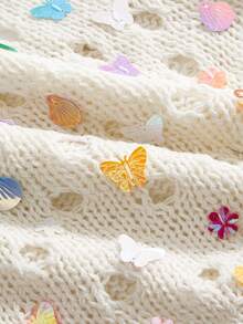 ROMWE Avant Women's Hollow Out Butterfly Flower Beaded Tie Neck Knit Blouse, Vacation Style - Apricot - View 3