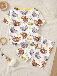 TOM & JERRY X SHEIN 男婴卡通字母印花圆领短袖上衣和短裤休闲家居服套装 - 白色 - 查看 2