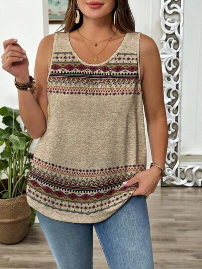 EMERY ROSE Casual Retro Bohemian Style Women's Geometric Print Camisole Tank Top, Suitable For Summer Wear, Casual Loose Fit Plus Size Camisole Knit Vest