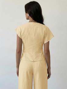 Aloruh Spring/Summer New Arrival Set, Elegant Resort Wear, Apricot Linen Asymmetric Sleeve Side Ruched Waist Commuter Apricot Bamboo Linen Fabric Shirt & High-Waist Wide-Leg Pants Set, Fashionable Commuter Style Ruched Waist Asymmetric Hem Shirt & Pants Two Pieces Set, Suitable For All Seasons, Elegant Commuter, Daily Outing, Casual Matching, Graduation Ceremony, Teacher's Day, Back To School And Other Occasions. - Light Yellow - View 2