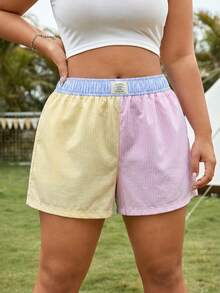 Comfortcana Shorts de playa casuales de talla grande con bloques de color y rayas, para verano - Multicolor - Ver 7