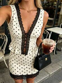 Resyla Women's Polka Dot Contrast Lace Elegant A-Line Skirt - Apricot - View 6