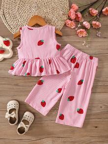 SHEIN Vintaside Kids Baby Girls' Summer Cute Pink Striped Strawberry Print Sleeveless Ruffle Top And Wide Leg Pants Set Loose Comfortable Work Fit For Daily Outings - Pink - View 2