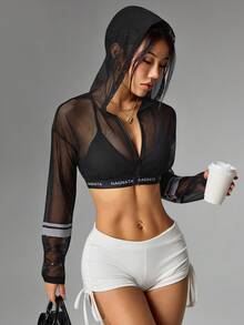 Easithlete 女士性感字母印花网眼拉链短款卫衣，春夏款 - 黑色 - 查看 4