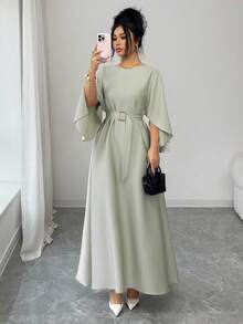 SHEIN Raffinéa Đầm nữ thanh lịch, tinh tế, tay cánh dơi, eo thon, màu kaki, thích hợp cho công sở và thường ngày, mùa xuân/hè. - xanh xám - Xem 4