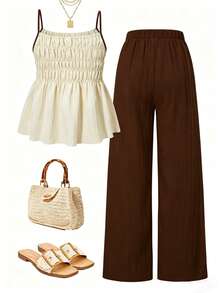 SHEIN 2pcs/Set Teen GirlCasual Camisole Top And Wide Leg Pants Set, Summer - Apricot - View 2