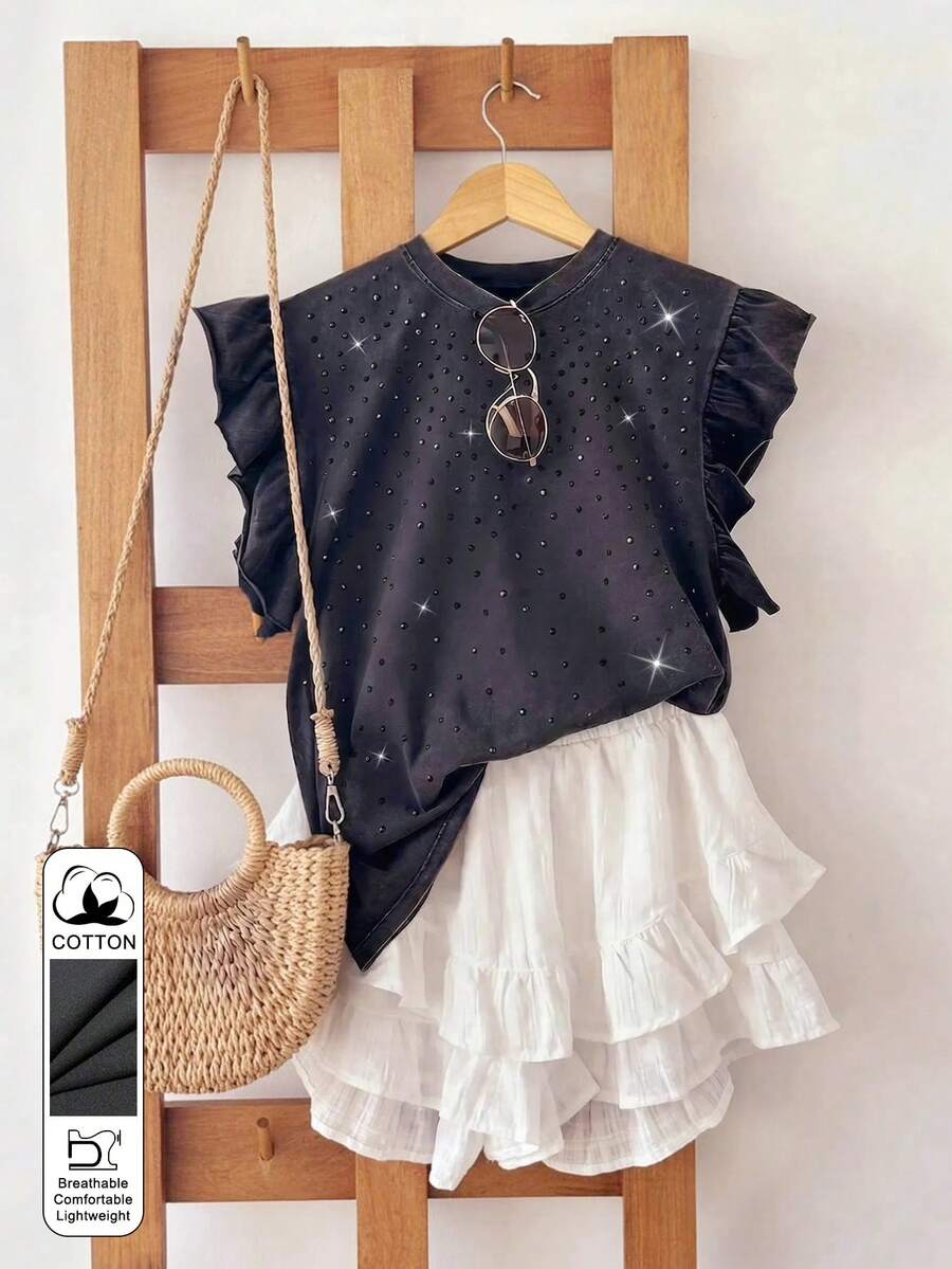 Resyla Rhinestone Embellished Minimalist Ruffle Sleeve Round Neck T-Shirt, A Gift For Friends - Black - View 1