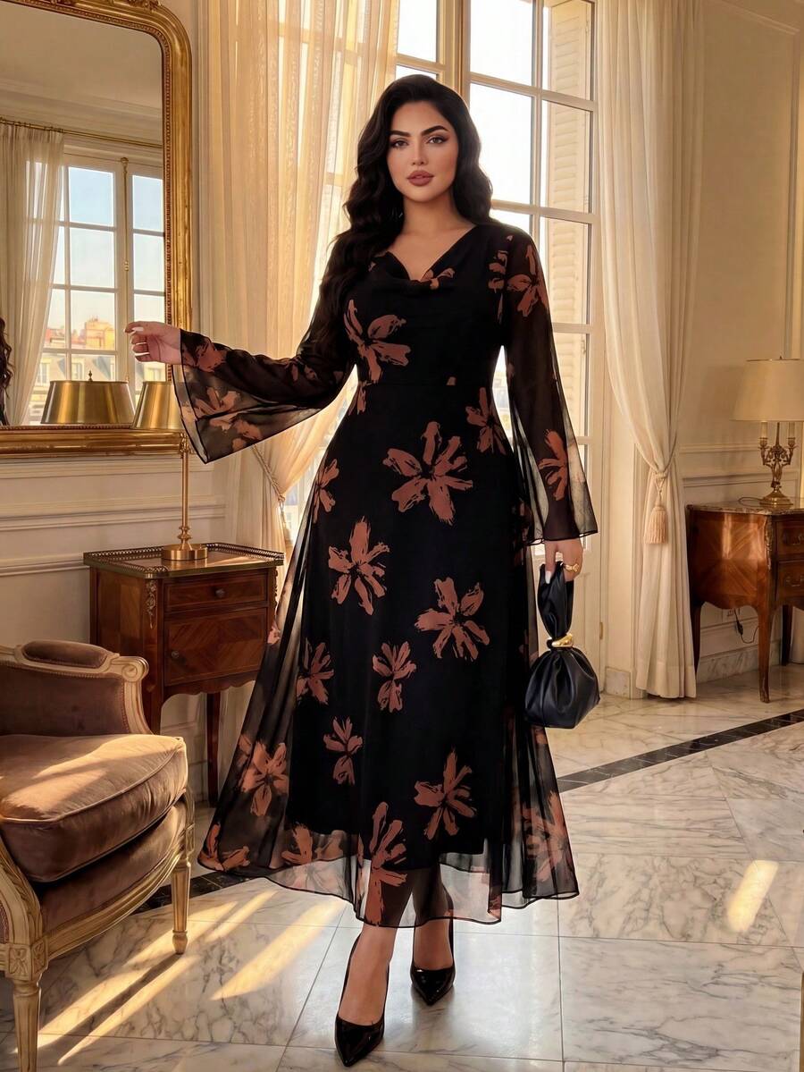 SHEIN Lady CURVE Đầm dài tay xòe màu nâu hoa đen thời trang, thanh lịch, thoải mái cho nữ cỡ lớn mùa thu/đông, thích hợp mặc hàng ngày, dự tiệc, hoặc dành cho người có đường cong cơ thể. - màu đen - Xem 1
