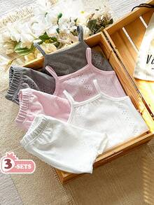 SHEIN Vintaside Kids Baby Girls' Comfortable Versatile Sweet Cute Strap Shorts Set, Summer Multi-Piece Outfit - Multicolor - View 5