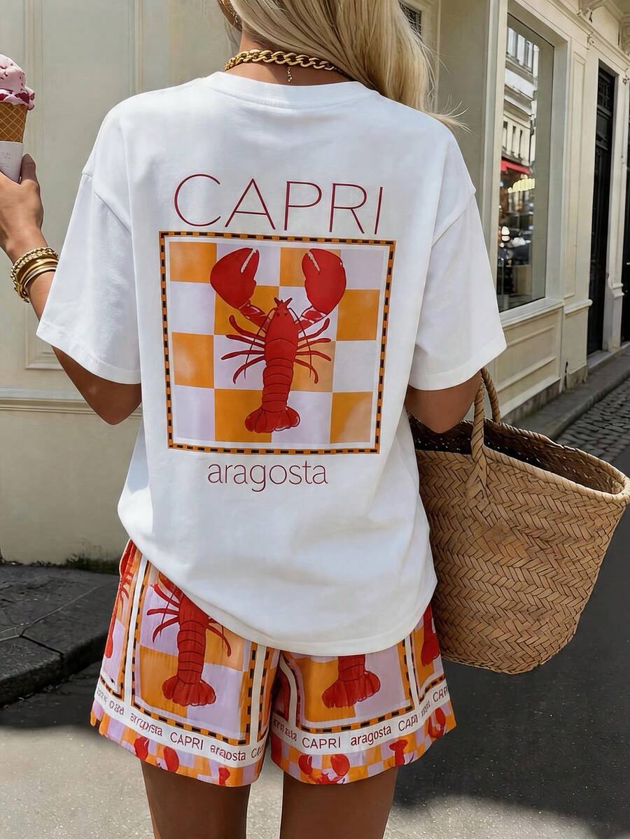 女士休闲度假时尚龙虾印花T恤和短裤两件套 - 白色 - 查看 1