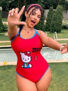 Swim Mod HELLO KITTY AND FRIENDS | SHEIN 2026 New Collaboration Sweet 1920s Plus Size One-Piece Swimsuit Beach Tennis Sport Summer Red - Multicolor - View 1