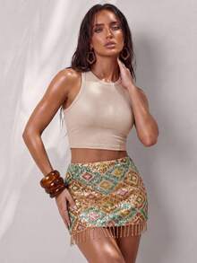 Swim Glamine Chân váy mini nữ họa tiết hình thoi đính sequin phối tua rua thời trang đa năng cho hẹn hò tiệc tùng mùa hè - màu xanh lá - Xem 2