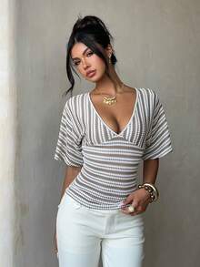 Aloruh Women's Sexy Striped Deep V-Neck Cinched Waist T-Shirt, Summer - Brown - View 7