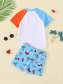 SHEIN Bộ đồ bơi nam trẻ em kiểu dáng tối giản, in hình nhện, siêu anh hùng và ngọn lửa, gồm áo thun ngắn tay cổ tròn dáng rộng và quần short, thích hợp cho mùa hè. - Nhiều màu - Xem 2