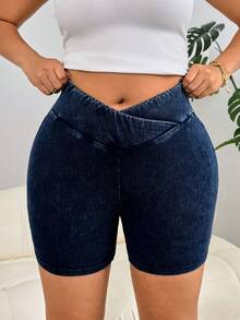 Quần short denim dáng rộng, cạp lệch, đa năng, thích hợp mặc hàng ngày dành cho nữ cỡ lớn. - Màu xanh lam - Xem 3