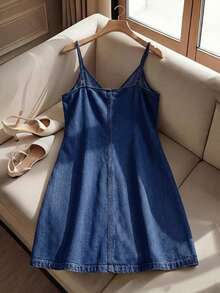 Vestido vaquero casual de mujer con camisola de unicolor y lazo - Azul lavado oscuro - Ver 2
