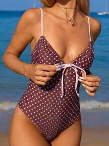SHEIN Swim Mod Women's Spaghetti Strap Polka Dot Bow Decor Jumpsuit, Fashionable Summer Outfit Swimming Vacation Swim - Multicolor - View 3