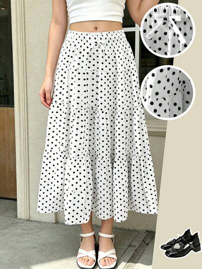 1pc Girls' Vintage Casual Black Polka Dot Print A-Line Skirt, Thin Fabric For Daily Wear, Beach, Holiday, Spring/Summer, Bow Decor, Elastic Waist Maxi Skirt