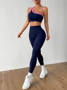 Dewbera Dewbera Kamisol Yoga Satu Bahu Tanpa Jahitan, Pengangkat, Elastisitas Tinggi, Setelan Olahraga Wanita Warna Navy, Set Latihan Aktif Dua Potong, Legging Gym, Blok Warna. - Navy Blue - View 6