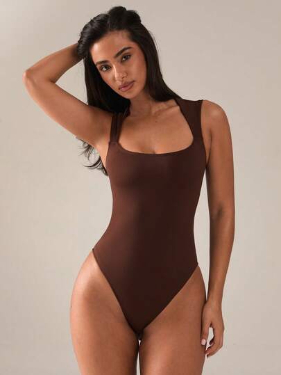 SHEIN BAE 纯色U领无袖镂空修身运动连体裤，夏季