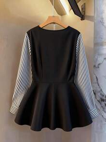 Women's Spring/Summer Striped Patchwork Ruffle Hem Long Sleeve Blouse, Lightweight Elegant Office/Casual Wear - Black and White - View 2