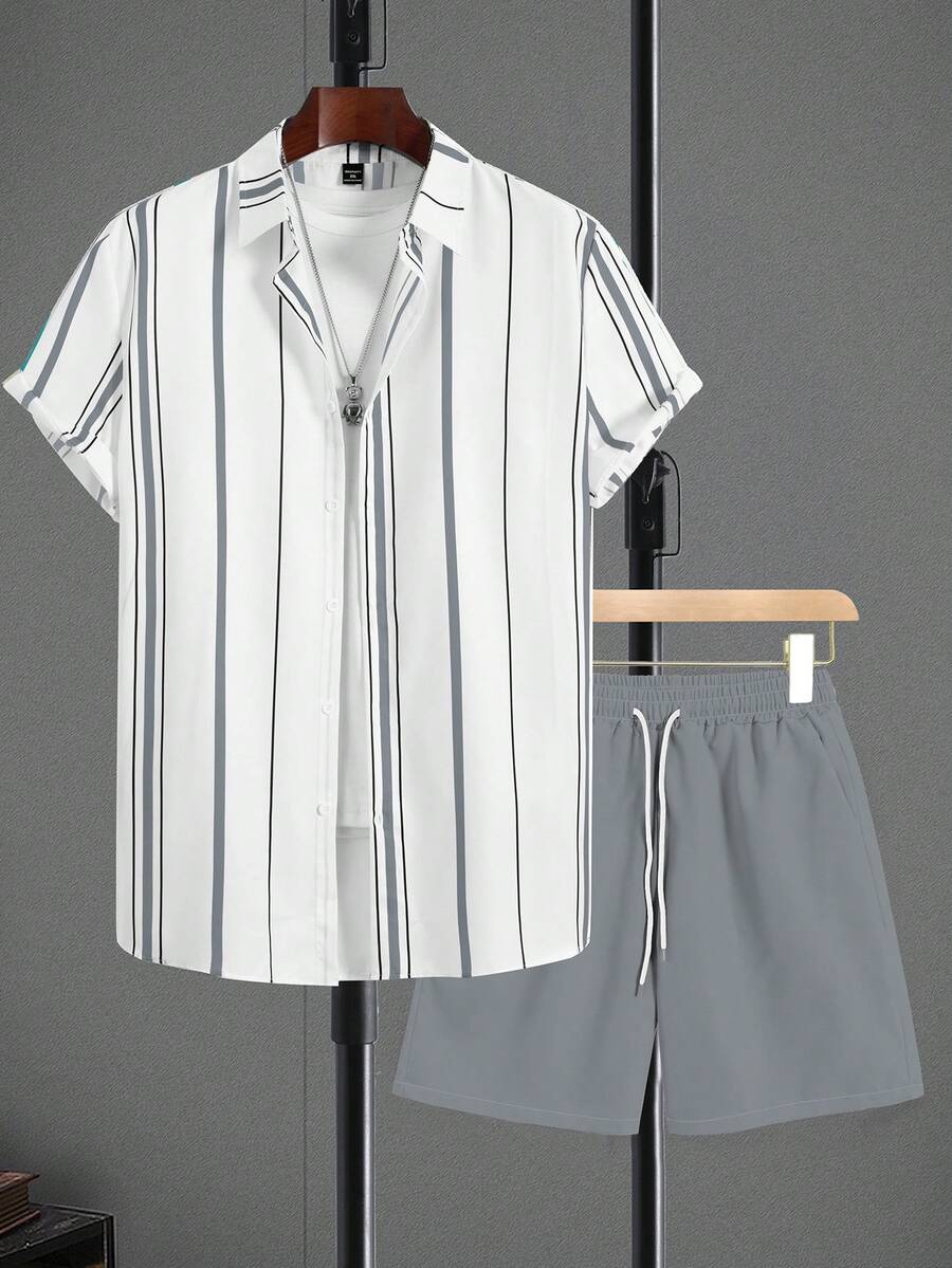 Manfinity Homme 2pcs/Set Men's Stripe Print Short Sleeve Shirt And Solid Color Drawstring Shorts Men Summer Clothes Set, Cozy Outfits - Light Grey - View 1