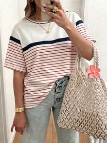 EMERY ROSE Women's Striped Patchwork Casual Round Neck Short Sleeve T-Shirt - White - View 1