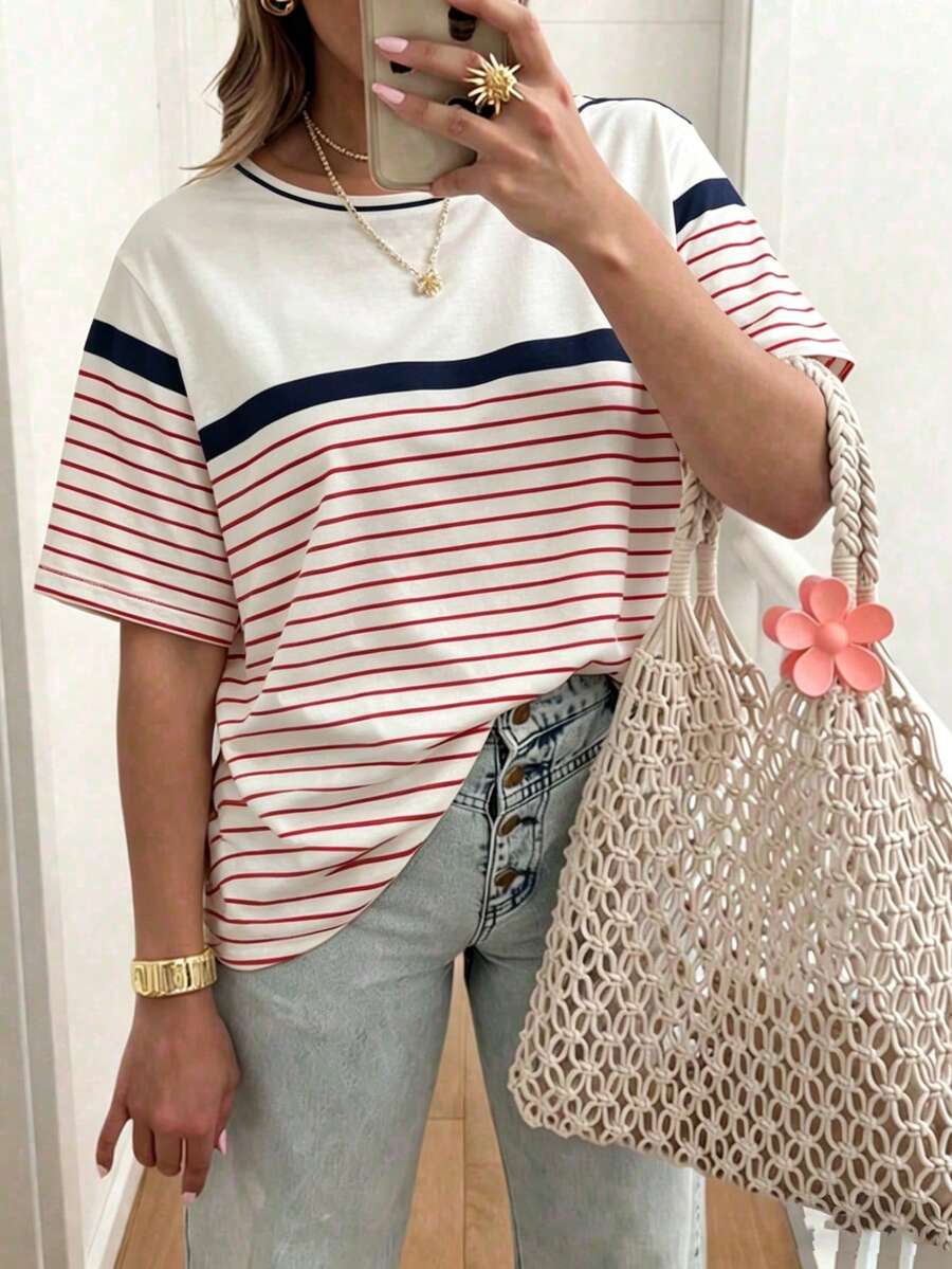 EMERY ROSE Women's Striped Patchwork Casual Round Neck Short Sleeve T-Shirt - White - View 1