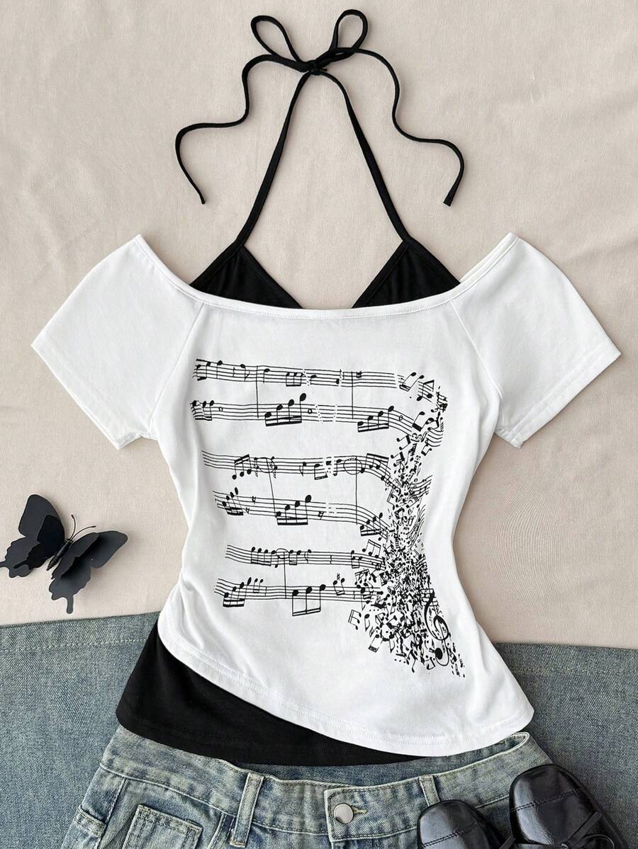 Teen Girls Casual Retro Print 2 In 1 Short Sleeve T-Shirt - Black and White - View 1