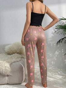 Women's Summer Cartoon Swan & Letter Print Lettuce Trim Camisole Top And Bow Tie Pants Pajama Set - Multicolor - View 2