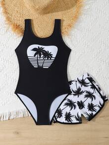 SHEIN 少女椰树印花连体泳衣和椰树印花短裤，适合游泳、夏季、海滩、泳池、度假。 - 黑與白 - 查看 6