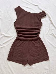 Soleia Women's Dark Brown,Summer,Casual,Holiday,Vacation,Holiday Striped Asymmetrical Shoulder Starfish Metal Decor Bodycon Mini Jumpsuit,Beach Cruise - Coffee Brown - View 2