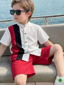2pcs/Set Kids Boys Casual Patchwork Contrast Color White Mandarin Collar Short Sleeve Shirt And Elastic Waist Shorts,Summer Matching Family Vacation - Red - View 5