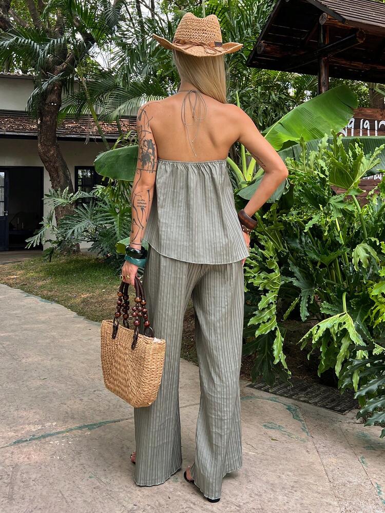 Solid Color Asymmetric Hem Halter Top And Wide Leg Pants Casual 2 Pieces Set