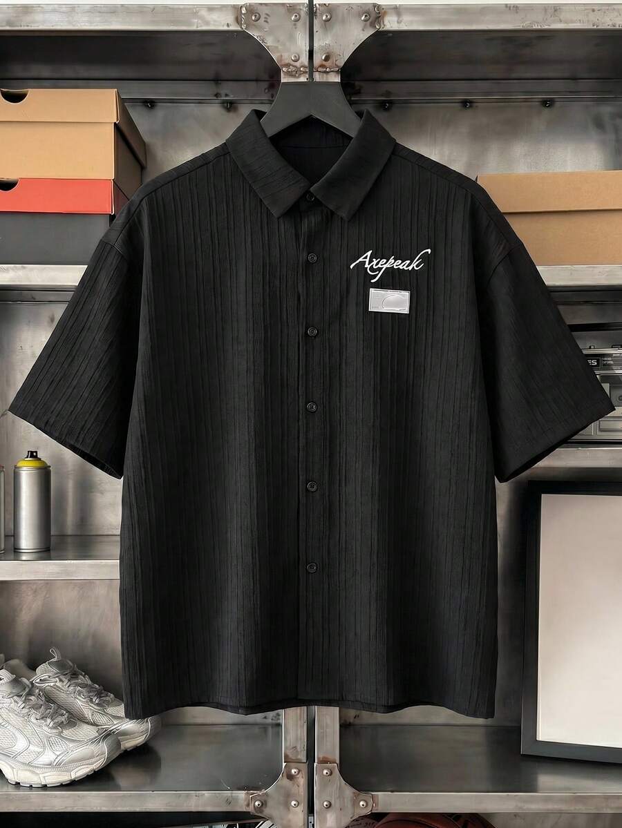 Manfinity NXTstreet Men's Letter Embroidery Pattern Single-Breasted Casual Versatile Daily Wear Shirt - Black - View 1