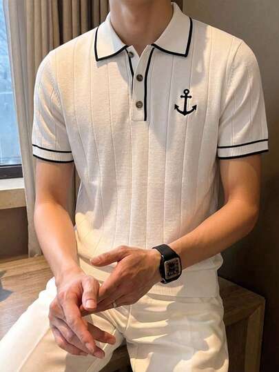 Manfinity Homme Men's Casual Anchor Embroidery Trim Short Sleeve Knit Top, Summer