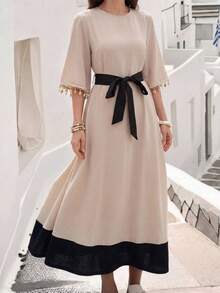 Al Najma Vestido elegante de estilo árabe con cuello redondo y mangas medianas con decoración de flecos para mujer - Albaricoque - Ver 1
