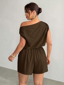 Firerie Plus Size Summer Casual Solid Color Asymmetric Collar Top And Shorts 2 Pieces Set - Coffee Brown - View 4