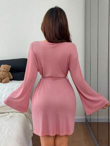 罗纹柔软针织休闲宽松家居服睡袍 - 粉色 - 查看 2