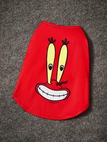 SpongeBob SquarePants | SHEIN 1 件卡通图案印花宠物背心，运动背心，猫咪衣服，狗狗衣服，尺码 XXS-XXXXL，特小号，特大号，蟹老板图案 - 紅色 - 查看 1