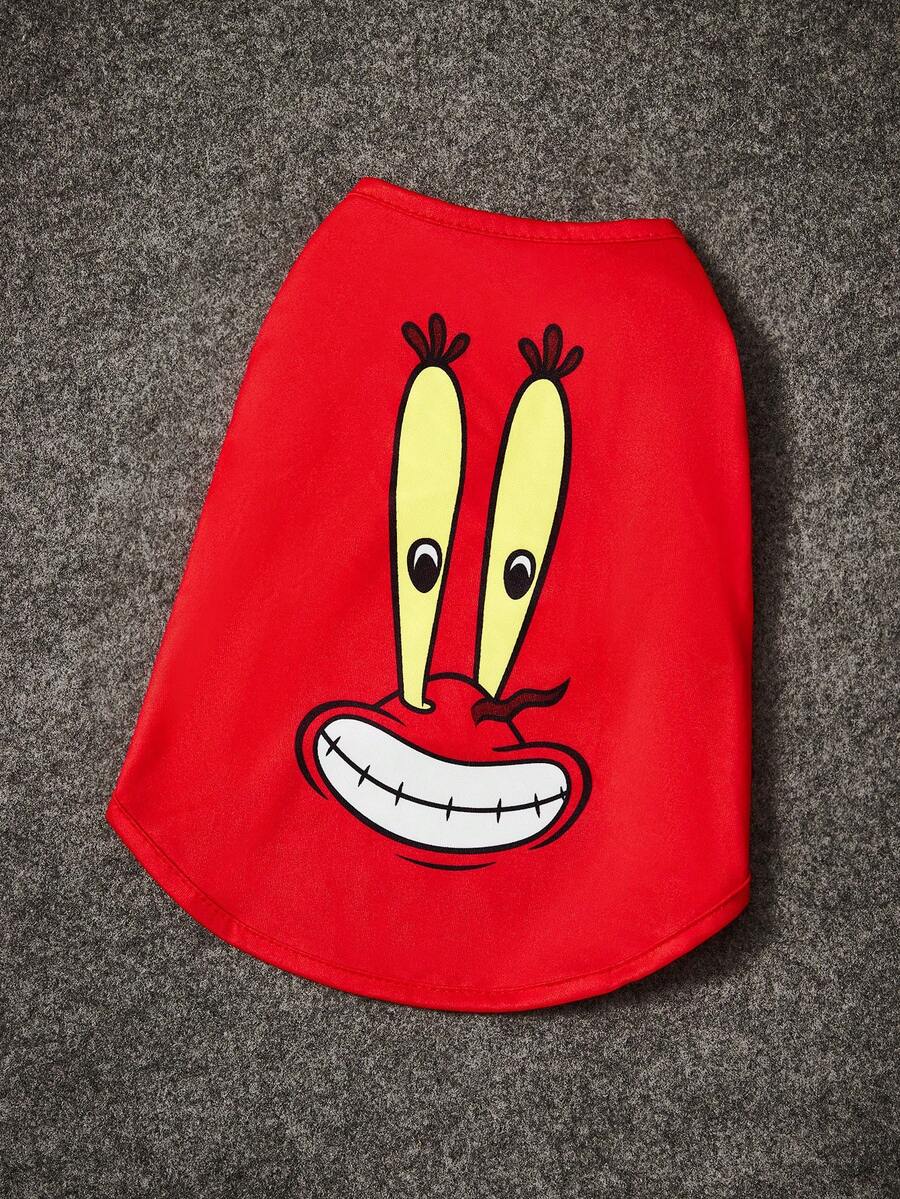SpongeBob SquarePants | SHEIN 1 件卡通图案印花宠物背心,运动背心,猫咪衣服,狗狗衣服,尺码 XXS-XXXXL,特小号,特大号,蟹老板图案 - 紅色 - 查看 1