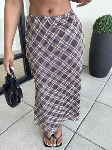 Alexandranx 女士格紋網紗裙 - 棕色 - 查看 6