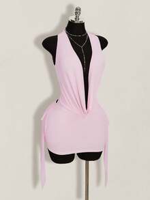 SHEIN ICON 新款欧美时尚宽松休闲罩衫性感长袖露背迷你连衣裙（女款） - 粉色 - 查看 1