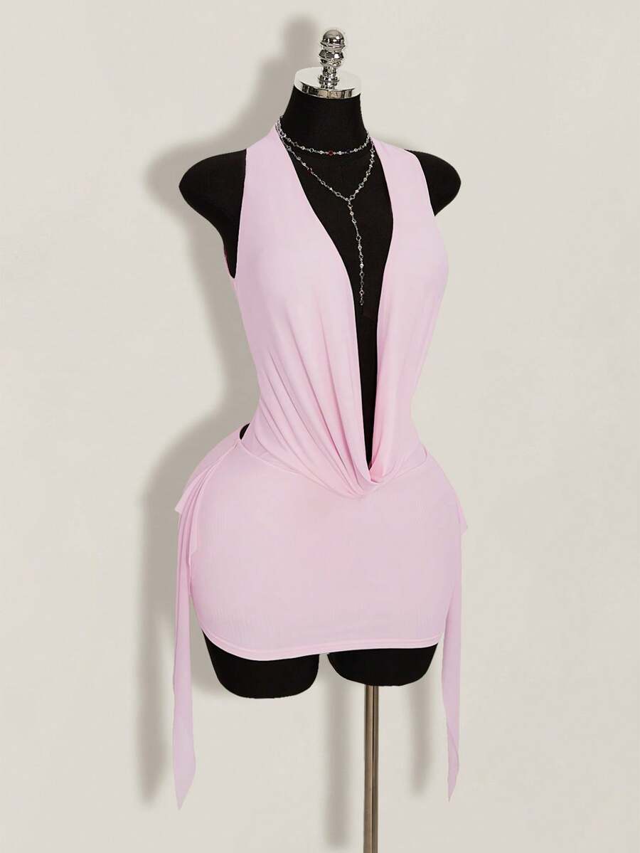 SHEIN ICON 新款欧美时尚宽松休闲罩衫性感长袖露背迷你连衣裙（女款） - 粉色 - 查看 1