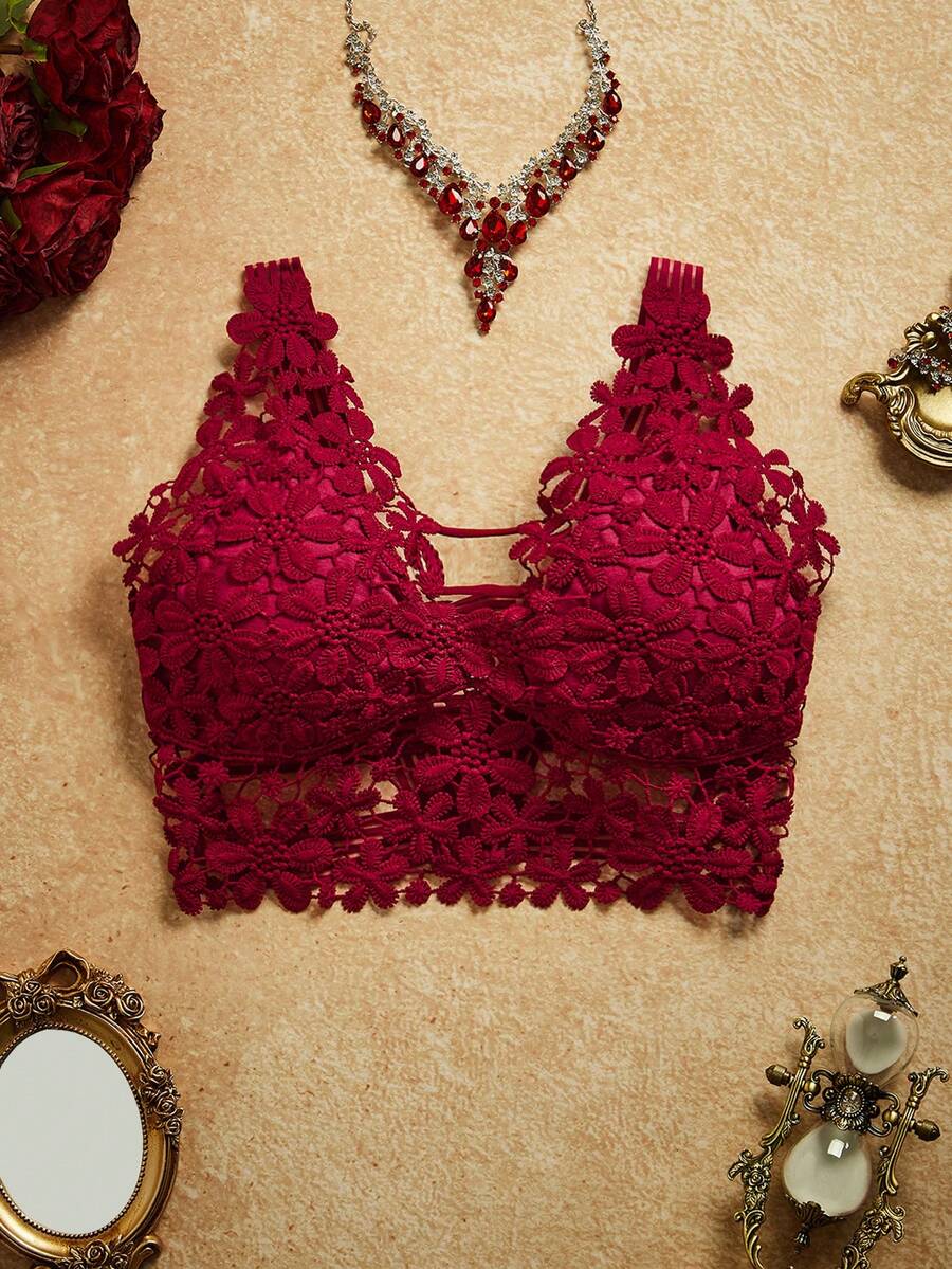 PinupPomp Guipure Lace Longline Bralette Lingerie - Burgundy - View 1