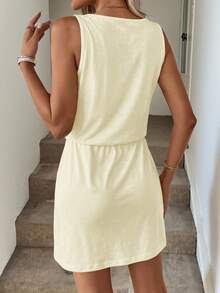 SHEIN LUNE Đầm ngắn 2 trong 1 màu mơ, phong cách đường phố tối giản, chất liệu cotton, dành cho nữ, thích hợp mặc mùa hè. - Màu be - Xem 2