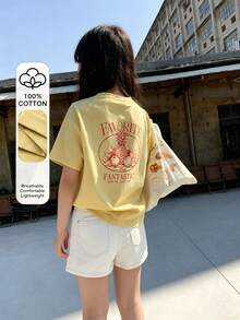 Áo thun in họa tiết cổ tròn dáng rộng, thường ngày dành cho bé gái (size nhỏ) - Màu vàng - Xem 3